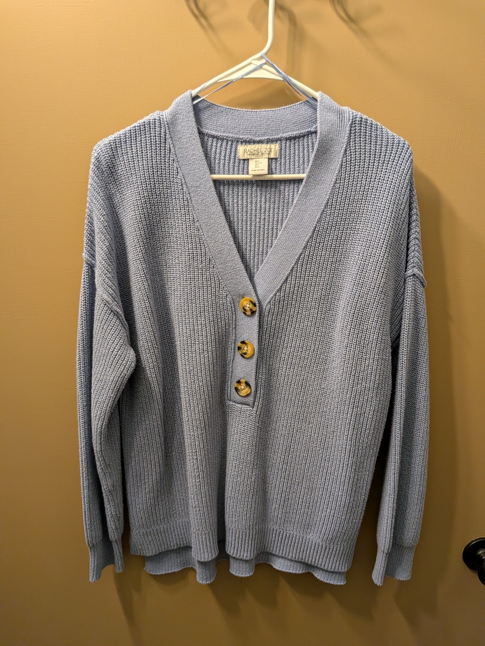 Rachel Zoe Pale Blue Ribbed V-Neck Sweater with Three Marbled Buttons